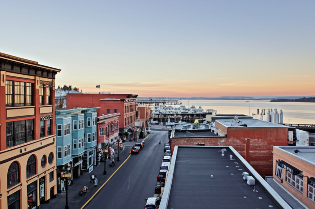 Old Town Tacoma waterfront - shops and restaurants along Commencement Bay